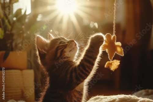 A playful kitten batting at a dangling toy