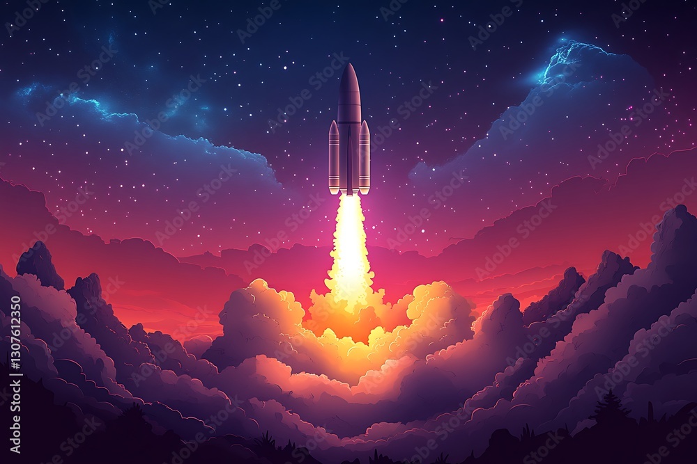 Naklejka premium Rocket Launch at Sunset Space Exploration, Cosmic Cloudscape Illustration