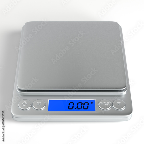 Mock-up of digital scales with zero readings on the screen. Object on the white background. Front view. Laboratory equipment. 3D rendering.
