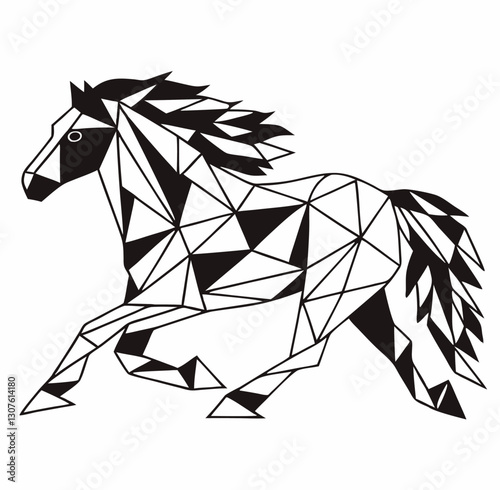Low poly abstract horse illustration in black and white with sharp angular geometric forms, dynamic motion, vivid contrast, and minimalist polygonal digital art style for modern visual impact.