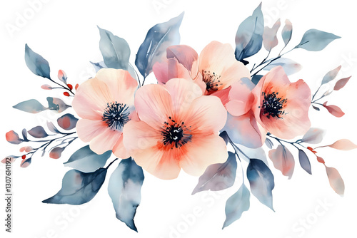 Fototapeta Naklejka Na Ścianę i Meble -  soft pastel floral watercolor bouquet with pink and blue flowers isolated png transparent cutout
