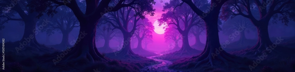 Dark mystic forest with twisted trees and a purple hue at dusk, shadows, mysterious, dark
