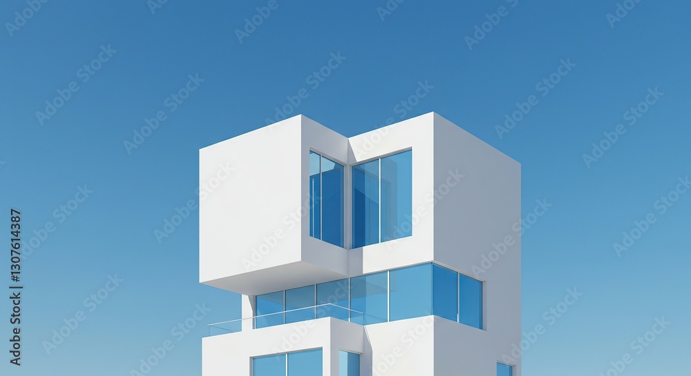 Minimalist White Modern Building - Clean Geometric Architecture against Clear Blue Sky. Minimalist White Modern Building - Clean Geometric Architecture against Clear Blue Sky.