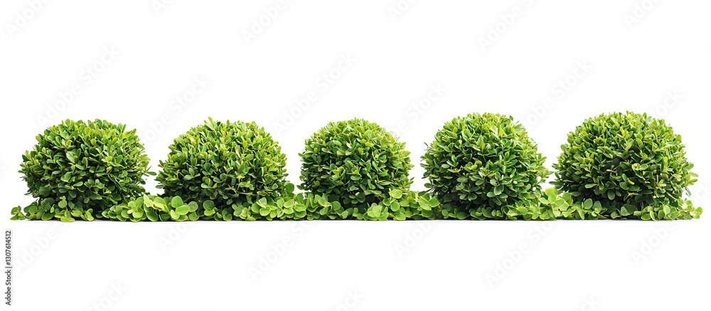 Fototapeta premium Row of Manicured Boxwood Shrubs on White Background