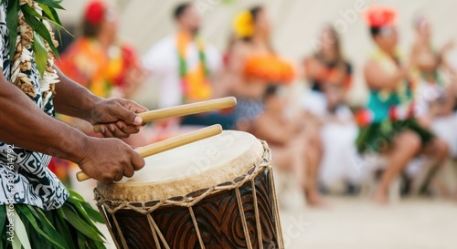 Close-up of hands playing drum at traditional cultural celebration with dancers in vibrant attire, blurring background