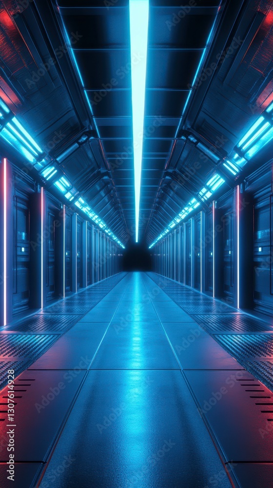 Futuristic corridor illuminated by neon lights in a high-tech environment at night Futuristic corridor illuminated by neon lights in a high-tech environment at night