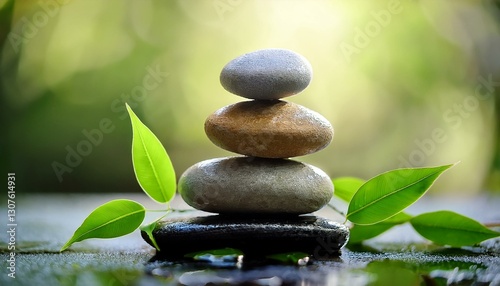 balanced stones with green leaves symbolizing harmony peace