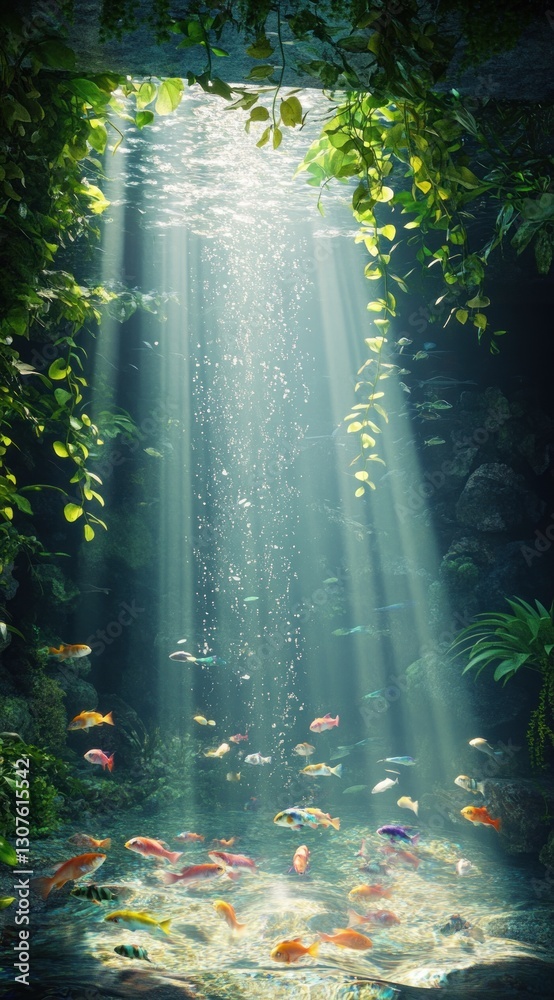 Fototapeta premium Sunlight streams into an underwater cave, illuminating a school of colorful fish and lush greenery.