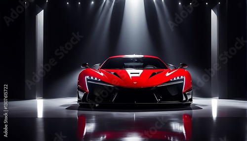 Sleek red supercar presented under dramatic spotlights in a showroom