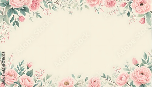 Elegant watercolor floral frame with pink roses and delicate foliage