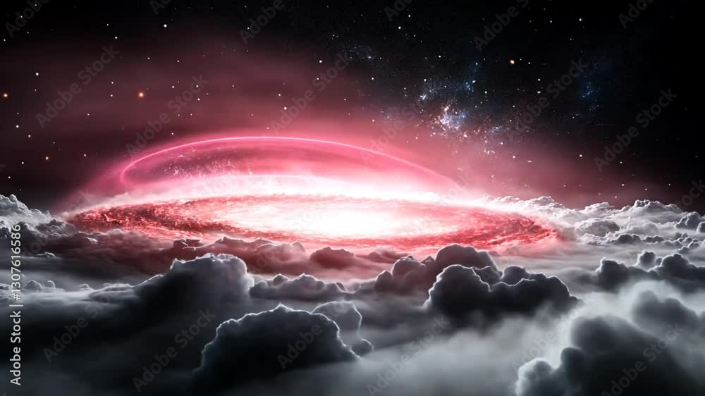 Vibrant cosmic swirl emerges above a dense cloud layer in a breathtaking celestial landscape at night