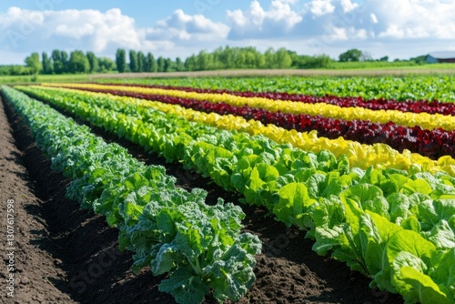 Vibrant Rows of Fresh Lettuce in Colorful Fields Under a Blue Sky with Fluffy Clouds