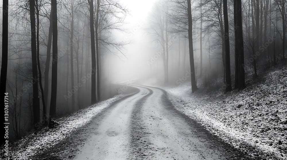 Road winds into foggy forest clearing Road winds into foggy forest clearing