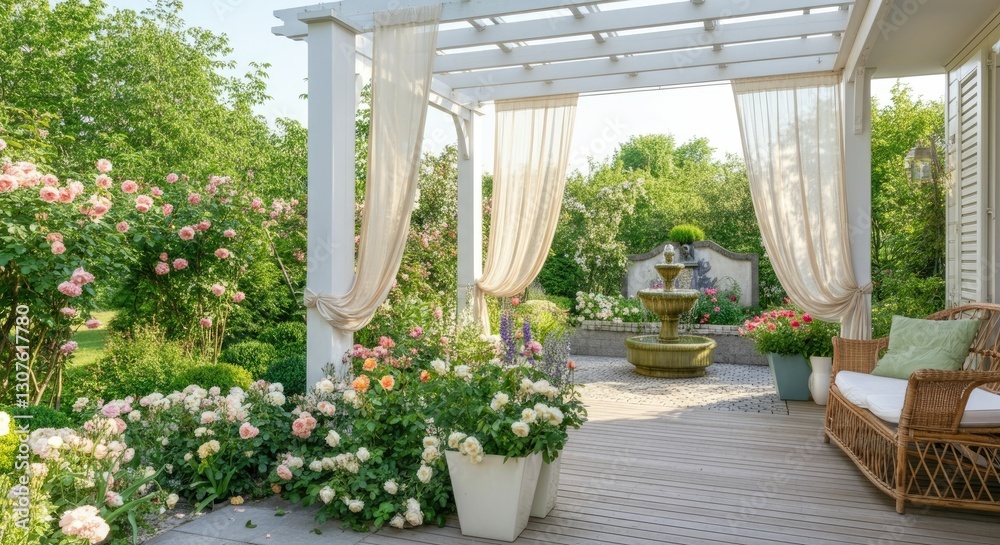 Fototapeta premium Elegant garden patio with pergola and blooming flowers