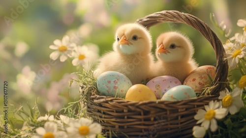 A photorealistic scene featuring two adorable baby chicks with colorful Easter eggs.