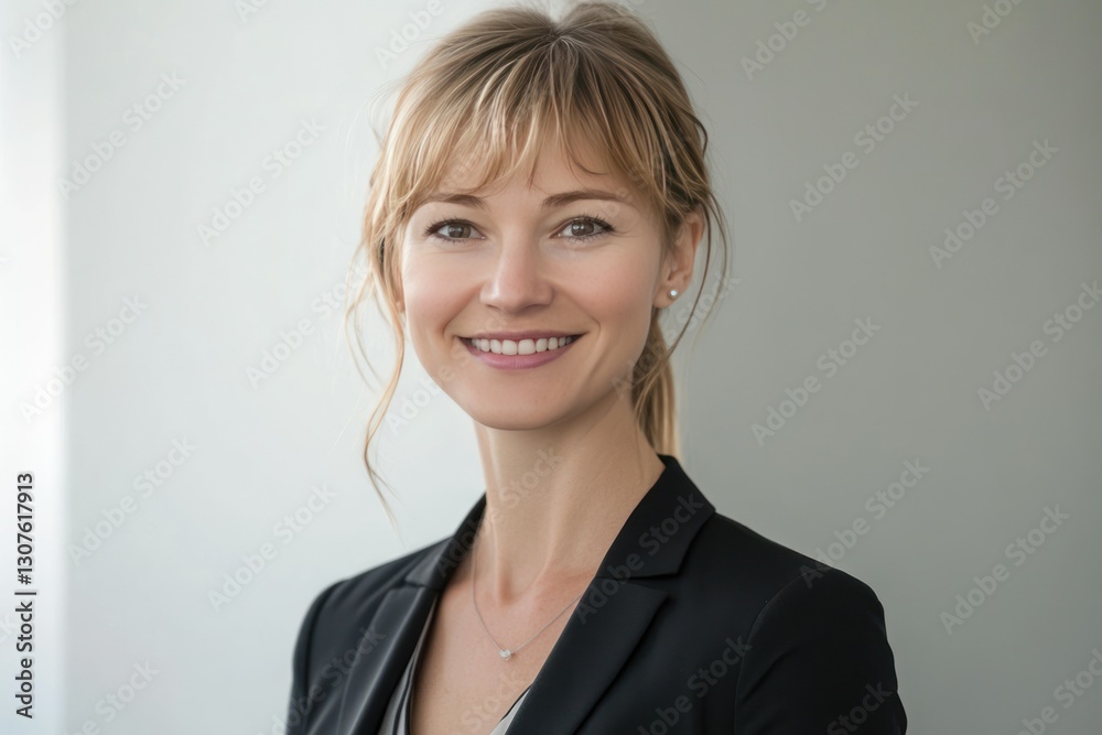 Confident Businesswoman Smiling in Professional Attire Against Neutral Background