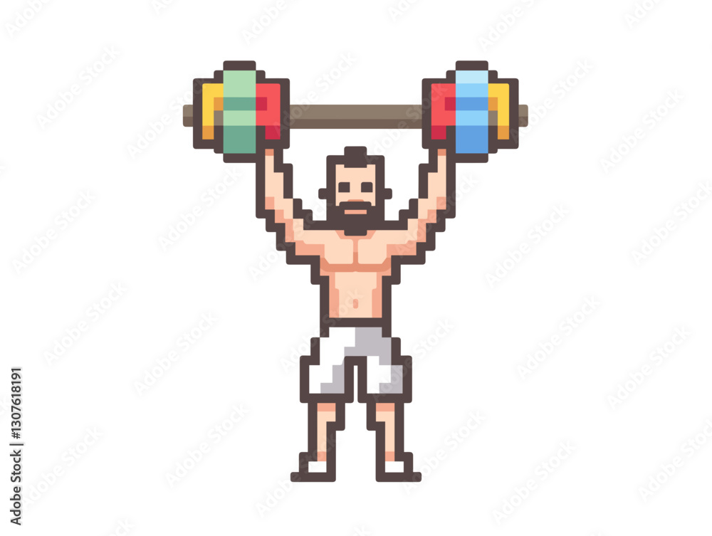 Personal trainer with barbell in pixel art style Personal trainer with barbell in pixel art style