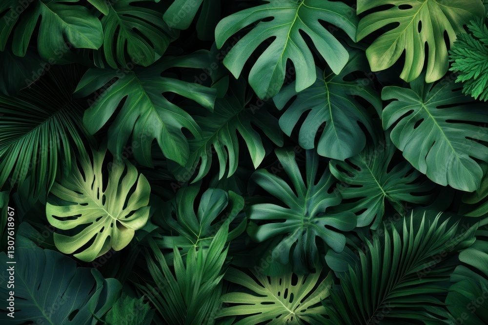 Lush Tropical Greenery with Various Leaves in a Dense Natural Pattern for Decorative Purposes Lush Tropical Greenery with Various Leaves in a Dense Natural Pattern for Decorative Purposes