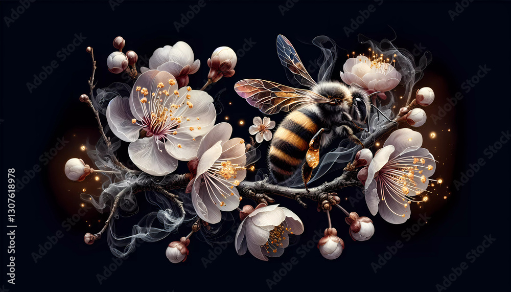 Obraz premium background with cherry flowers and bee