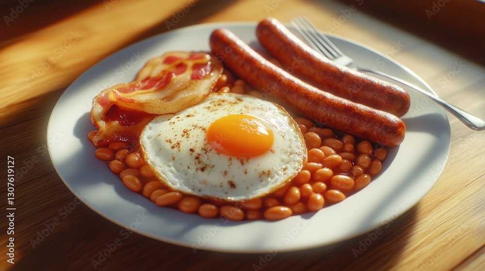 White Plate with Beans and Fried Egg