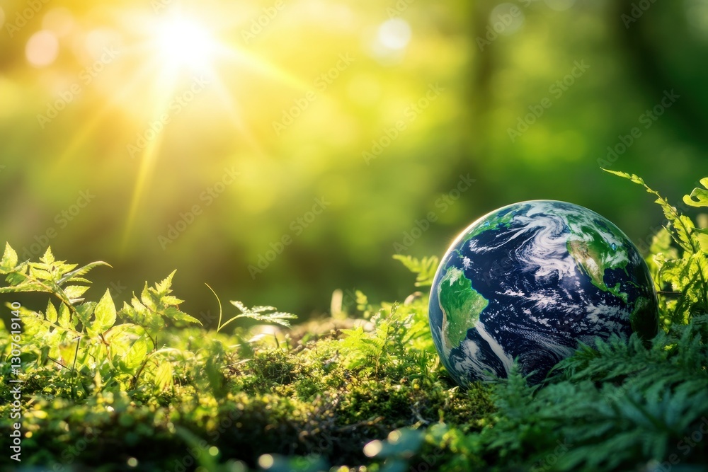Earth Globe on Green Moss with Sunlight and Nature Background in a Forest Setting Earth Globe on Green Moss with Sunlight and Nature Background in a Forest Setting