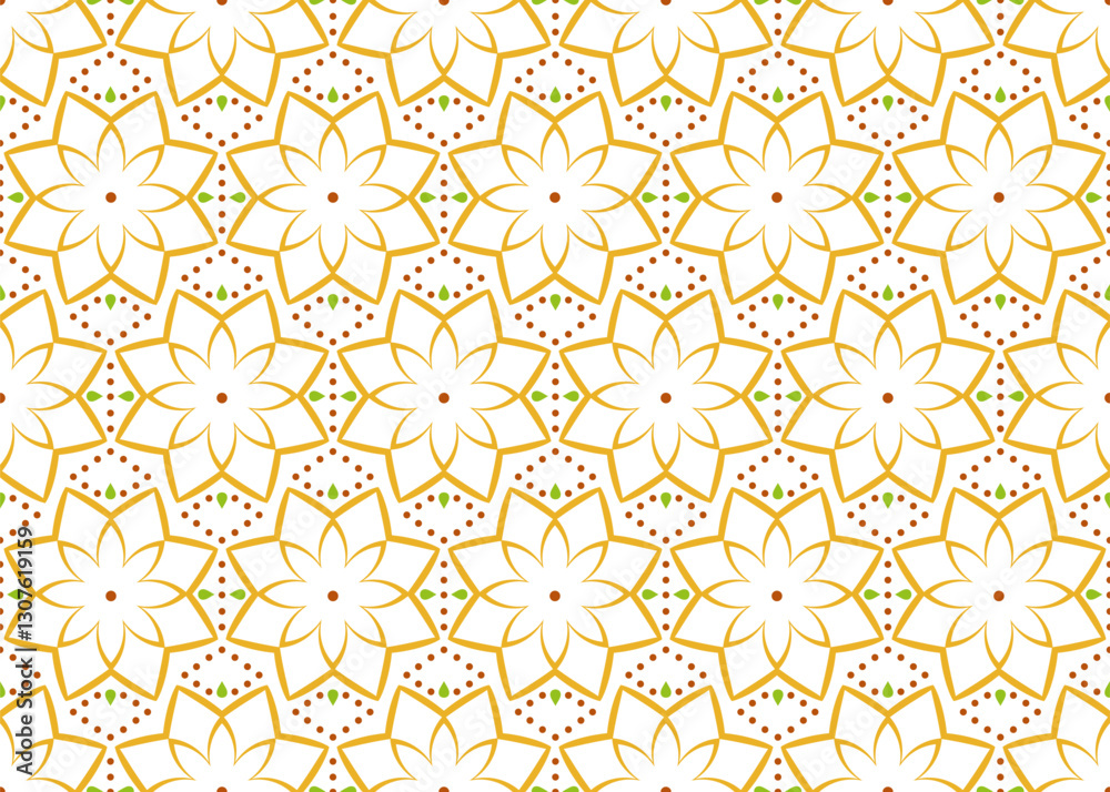 seamless pattern with geometric floral elements. Background with outlined yellow flowers and small dotts. Clean bright summer backdrop for textile, linen, dress. seamless pattern with geometric floral elements. Background with outlined yellow flowers and small dotts. Clean bright summer backdrop for textile, linen, dress.