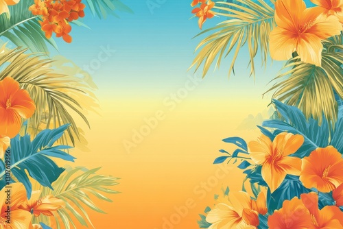Vibrant Tropical Floral Background with Orange Flowers and Lush Green Leaves