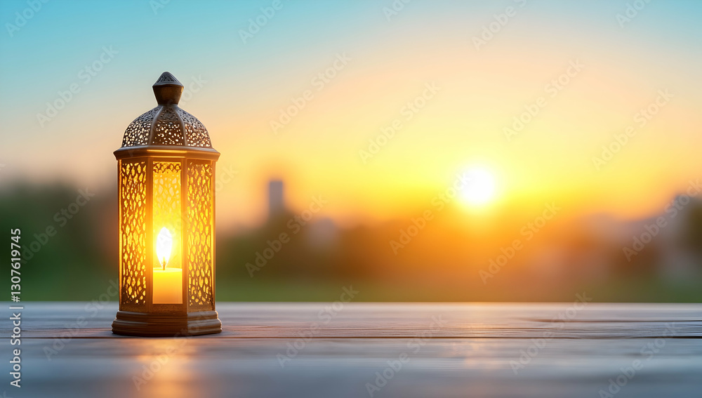 Illuminated lantern on wooden surface at sunset, city skyline in background. Perfect for Ramadan, peace, hope, and spiritual themes Illuminated lantern on wooden surface at sunset, city skyline in background. Perfect for Ramadan, peace, hope, and spiritual themes