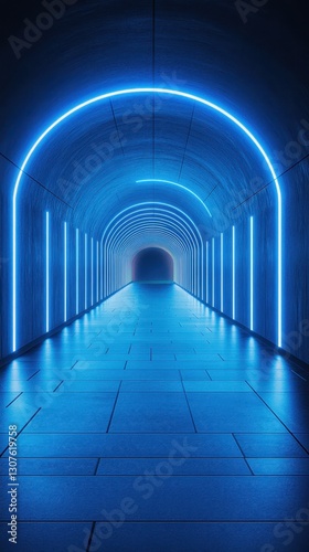 Bright blue neon lights illuminate a futuristic tunnel in a modern urban environment at night