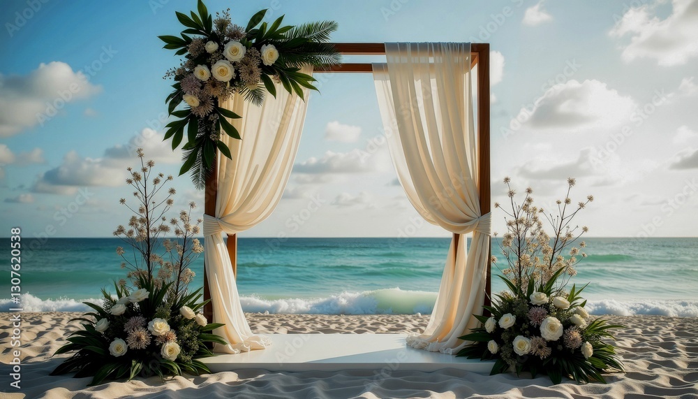 Fototapeta premium Beautiful wedding arch decorated with flowers on a sandy beach against a serene ocean backdrop