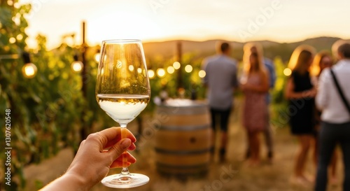 Outdoor vineyard party at sunset with people socializing and holding wine glasses