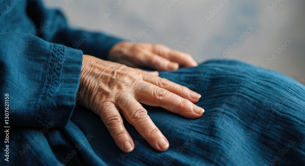 Fototapeta premium Close-up of elderly woman's hands resting on blue fabric