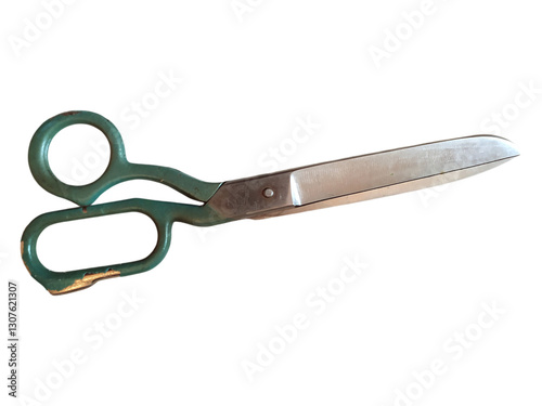 Vintage greenhandled shears isolated on white.  A classic design, suggesting themes of cutting, crafting, and nostalgia. Ideal for projects related to sewing, DIY, or historical imagery.