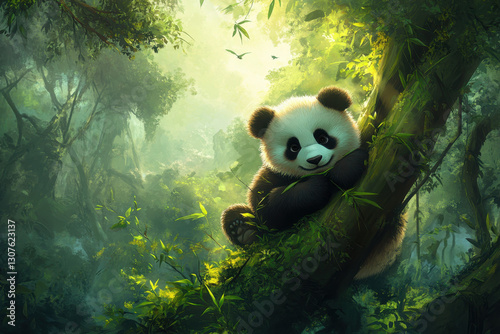 A serene panda munching on bamboo in a lush forest photo