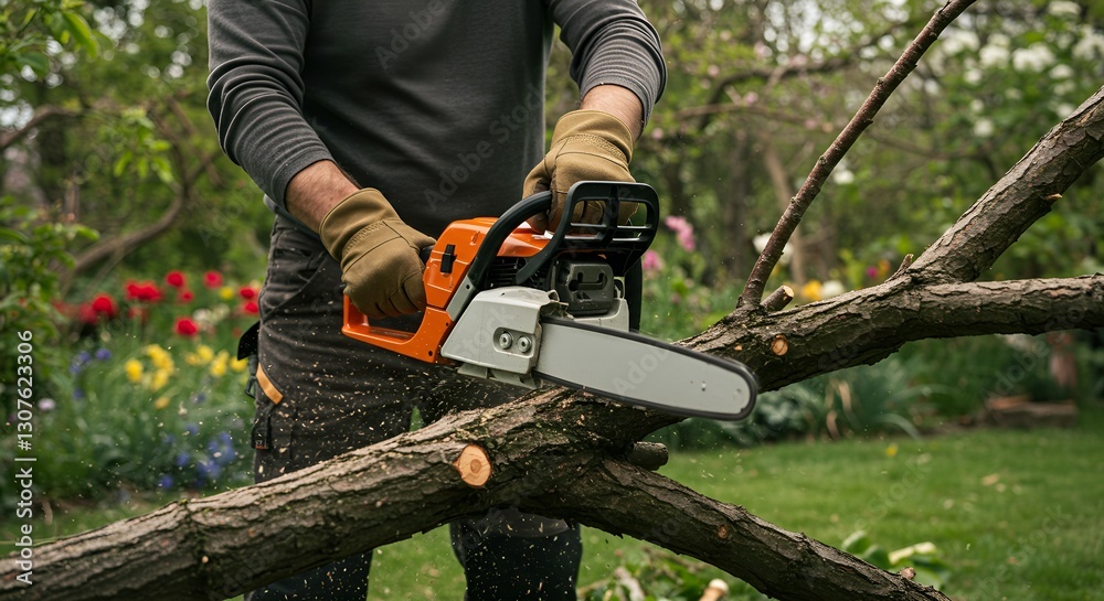 Obraz premium Man wearing work gloves and protective gear, sawing old tree branches, sharp detailed shot