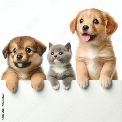 Cute Puppy and Kitten Looking Over White Banner
