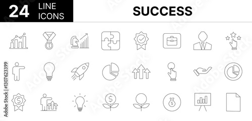 Collection of 24 success line icons featuring editable strokes. These outline icons depict various modes of success, growth, icon, progress, successful, line, vector, development, winner, business,