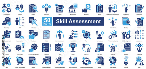 Skill Assessment icon set in two color style, featuring 50 icons of evaluation, proficiency, testing, and competency. Perfect for HR, education, career development, and performance reviews.