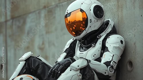 Futuristic robot seated by concrete wall. Possible use Sci-fi concept art photo
