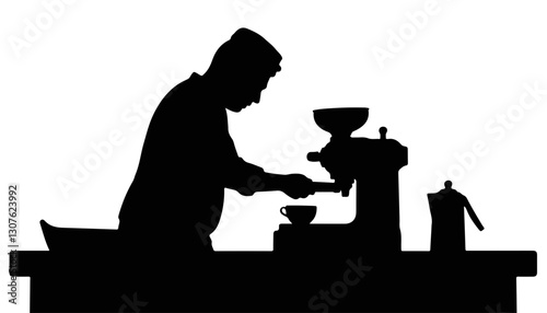 Silhouette of a barista preparing coffee at a café counter
