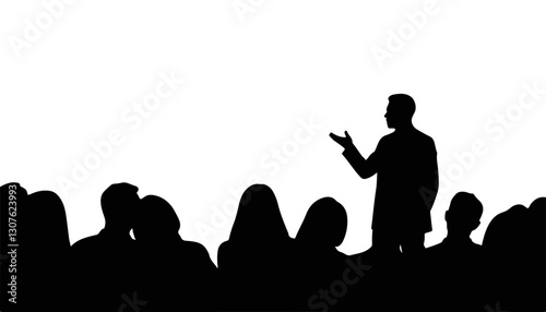 Silhouette of speaker addressing audience against white background