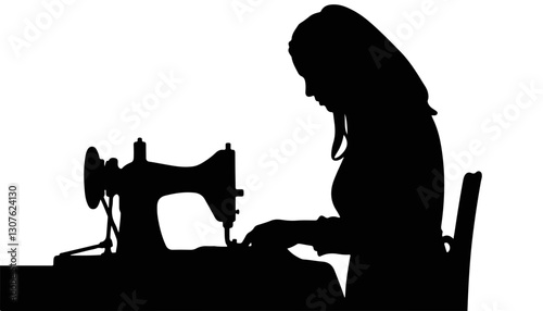 Silhouette of a woman sewing at a vintage sewing machine