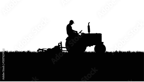 Silhouette of farmer operating a tractor against white background