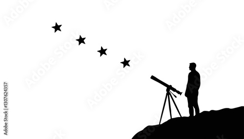 Person gazing at stars through telescope against white background