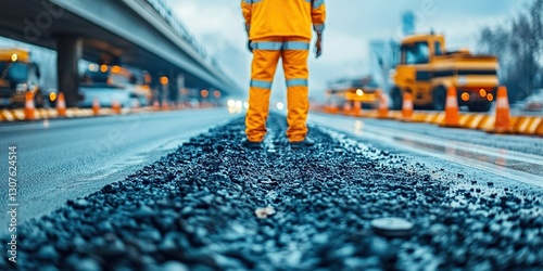 Wallpaper Mural Worker oversees road construction project during overcast day in urban environment with heavy machinery in background Torontodigital.ca