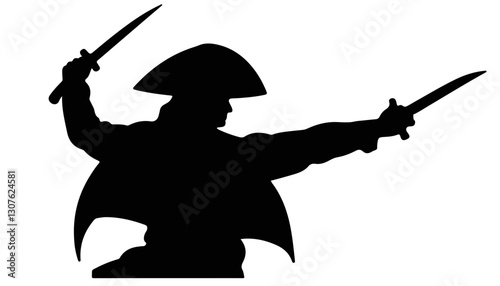 Silhouette of a swordsman wielding two blades