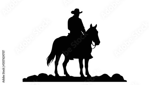 Silhouette of cowboy riding horse against white background