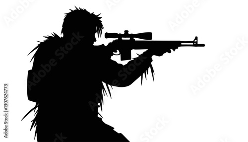 Silhouette of a soldier aiming with a sniper rifle