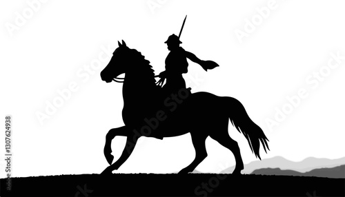 Silhouette of knight on horseback against mountainous background