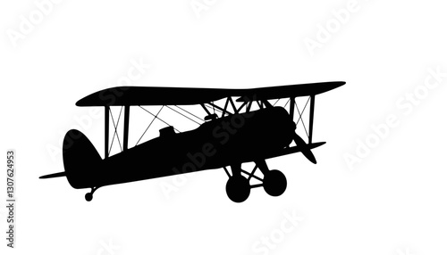 Biplane silhouette flying against a white background